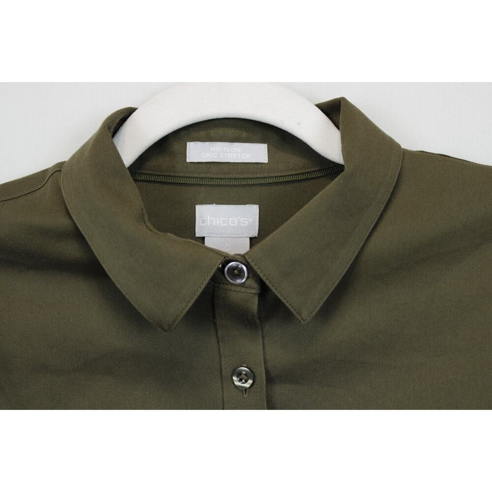 Chico's No Iron Chic Stretch Button Front Top Women 4 Long Sleeve Collared Olive - Picture 11 of 14